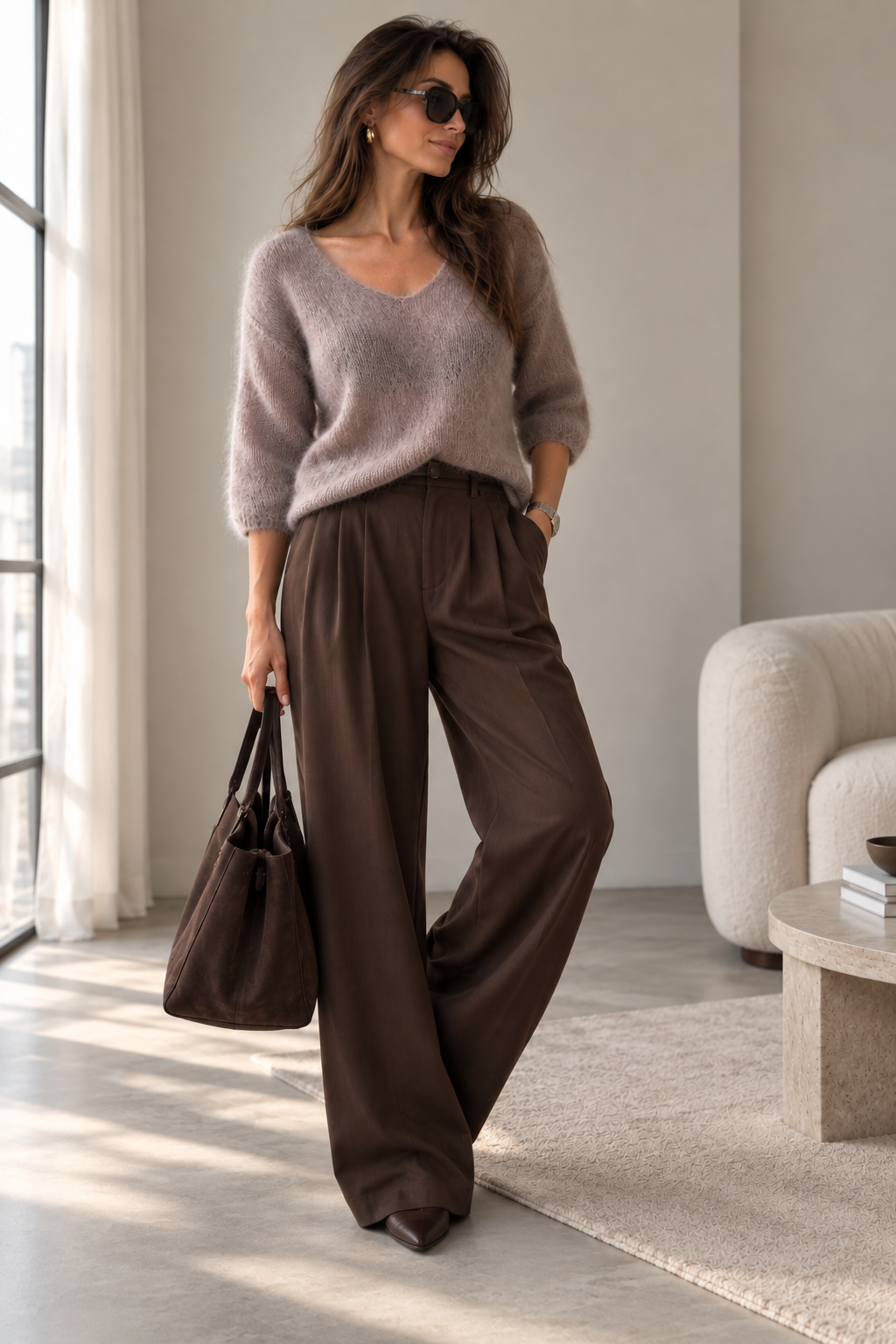 A woman stands in a bright, modern room wearing a fuzzy taupe V-neck sweater, dark brown wide-leg trousers, and holding a dark brown tote bag.