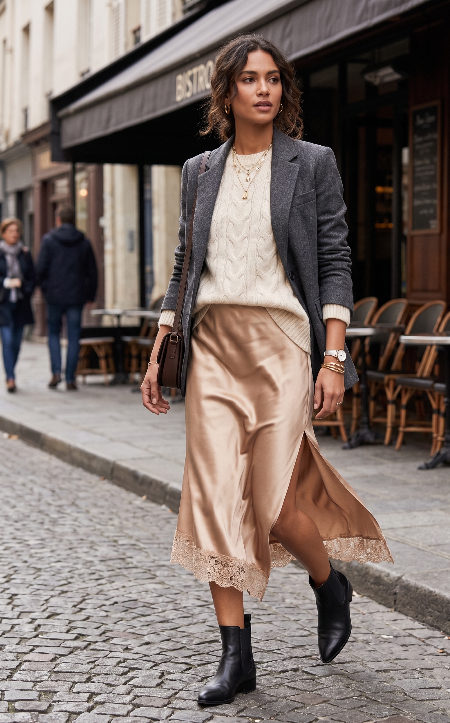 Woman walking on a street wearing a stylish outfit with a blazer, sweater, and skirt.