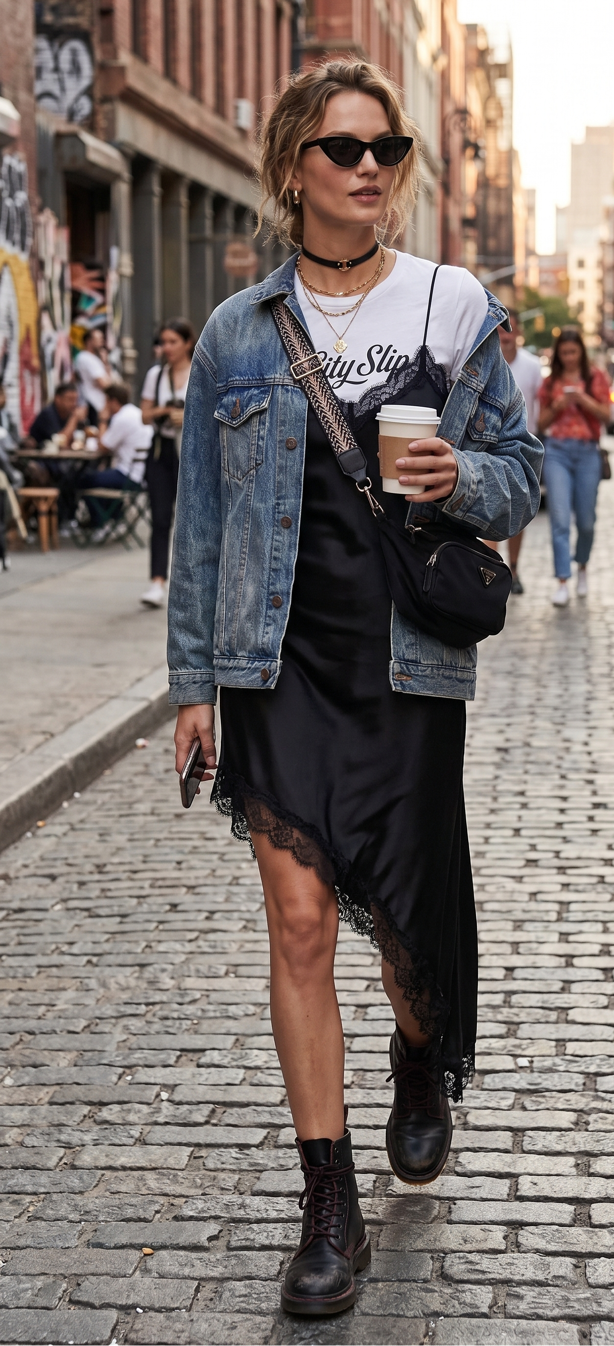Person walking on a city street wearing a denim jacket and black dress, holding a coffee cup.