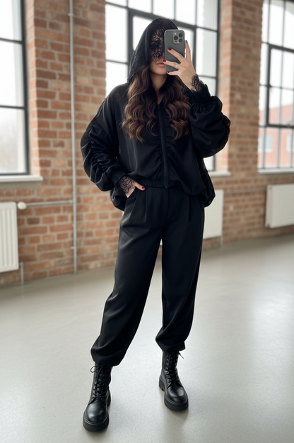 super stilingas dviejų sluoksnių bomberis su nėriniais