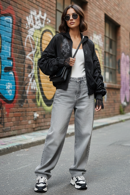 super stilingas dviejų sluoksnių bomberis su nėriniais