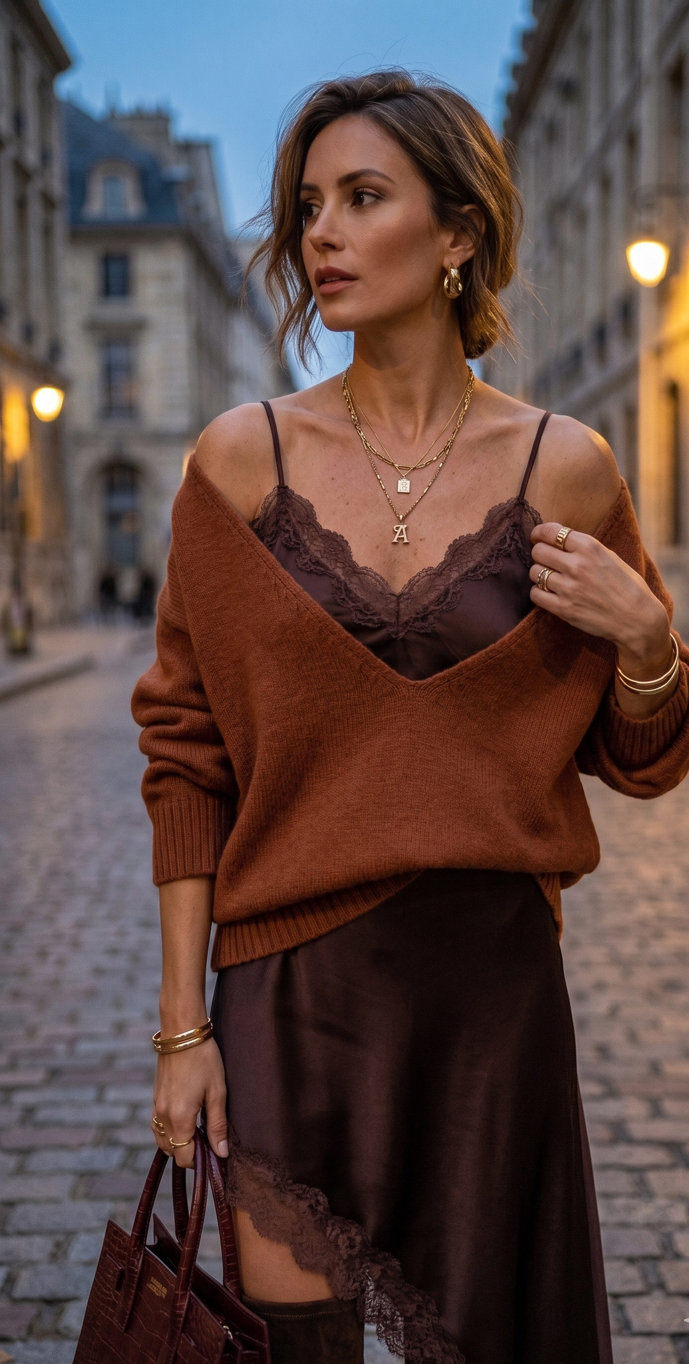 Woman in a brown sweater and dark pants walking down a city street at night.