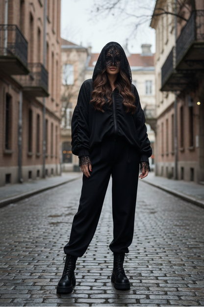 super stilingas dviejų sluoksnių bomberis su nėriniais