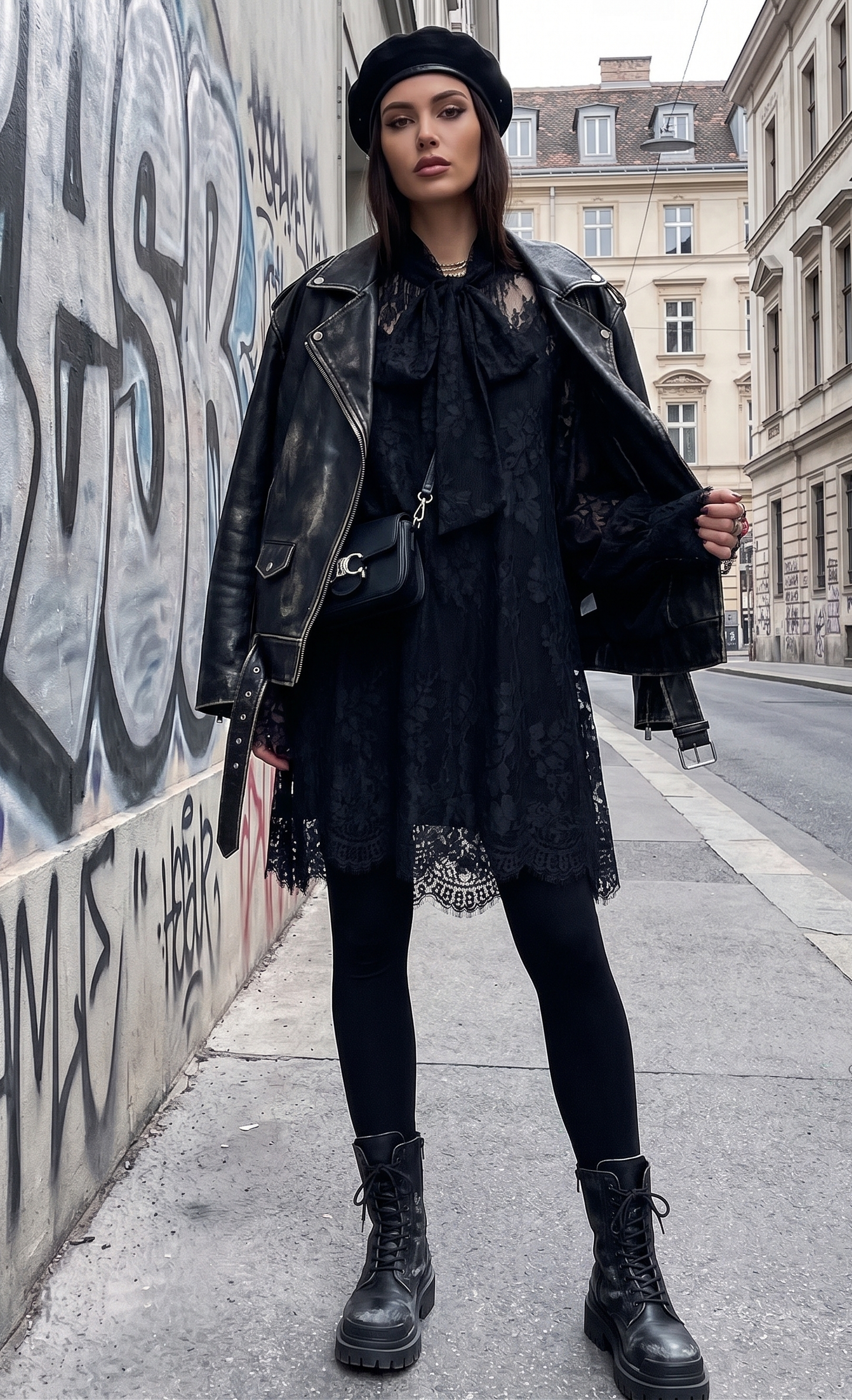 Woman in all-black outfit with leather jacket and boots standing against a graffiti-covered wall.