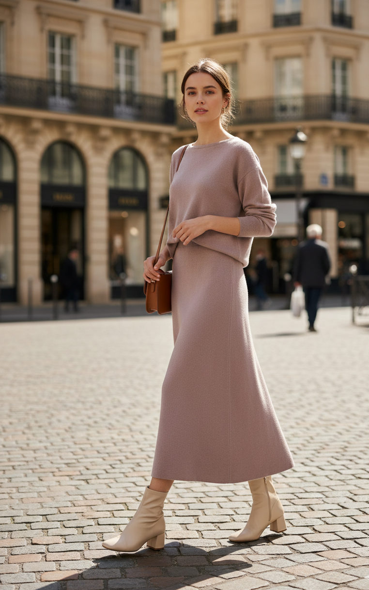 Woman in a pink outfit standing on a city street
