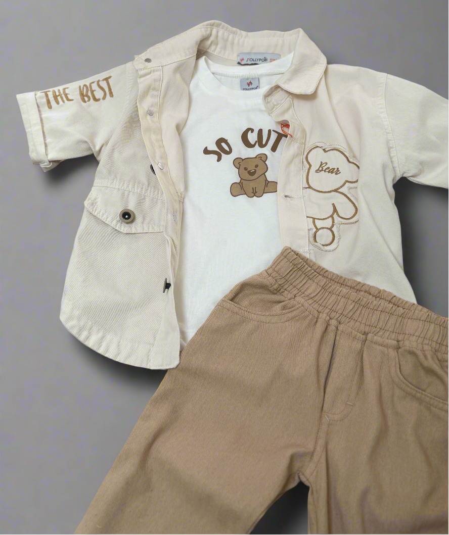Children's outfit with jacket, t-shirt, and pants on a gray background