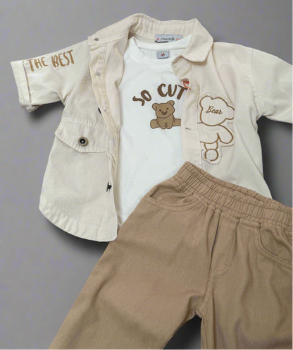Children's outfit with jacket, t-shirt, and pants on a gray background