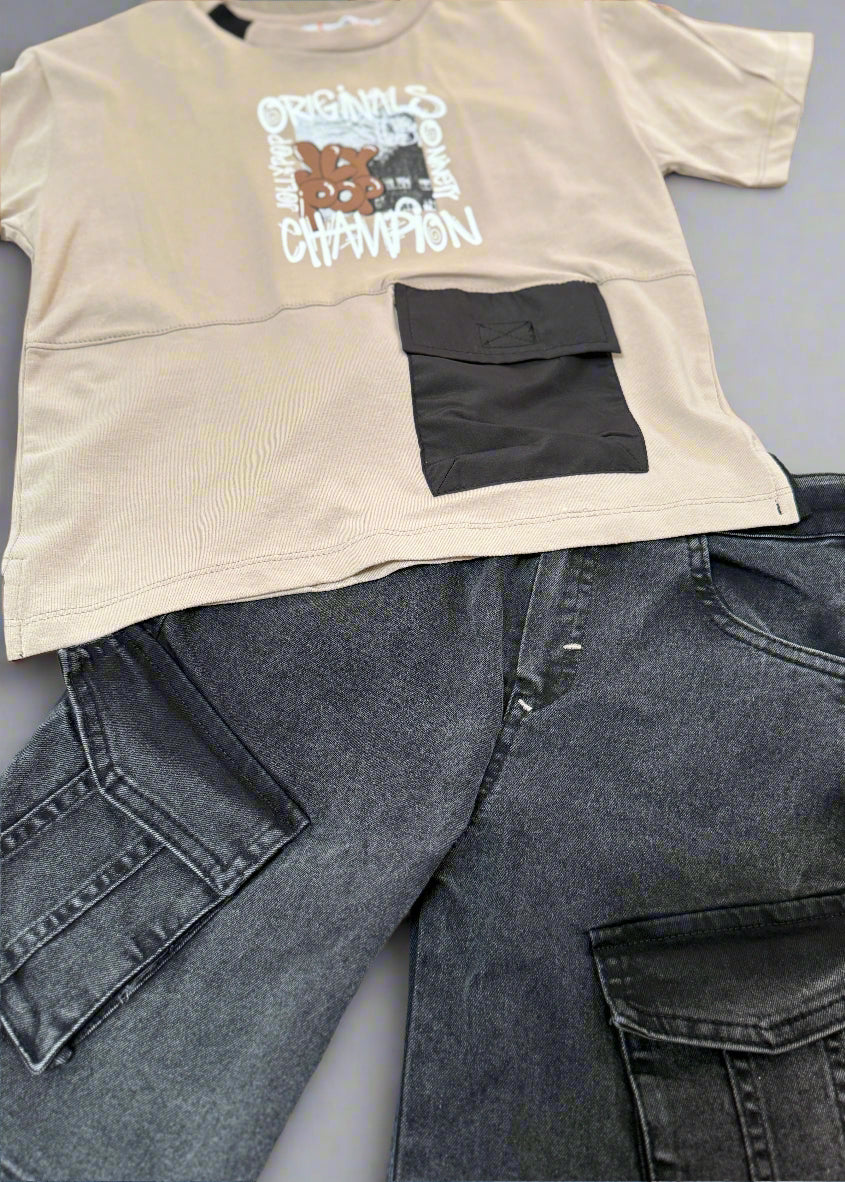 Beige t-shirt with graphic design and black pocket on gray pants