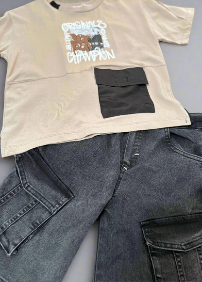 Beige t-shirt with graphic design and black pocket on gray pants
