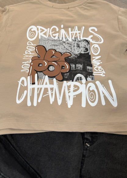 Beige t-shirt with graphic design and text on a plain background