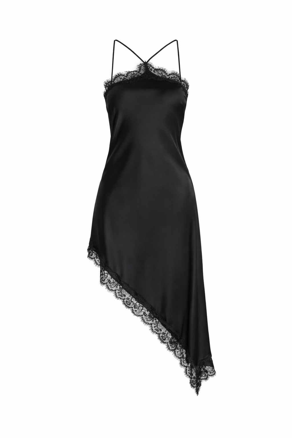Asimetrine juoda satino su nėriniai suknele v kaklu