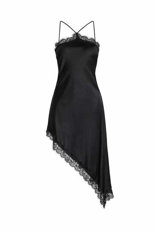Asimetrine juoda satino su nėriniai suknele v kaklu