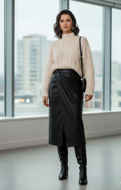 Woman wearing a beige sweater, black leather skirt, and black boots in an indoor setting with large windows.