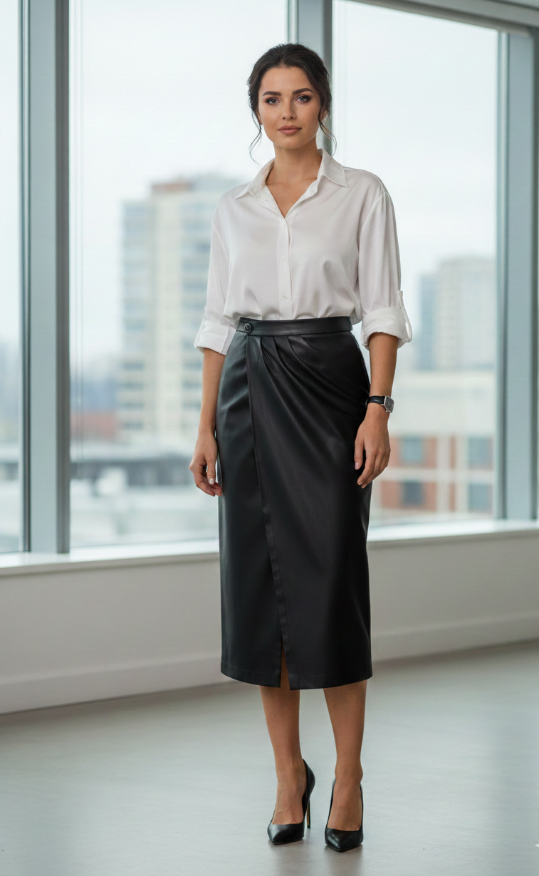 Woman in a white blouse and black skirt standing in front of large windows with a cityscape view.