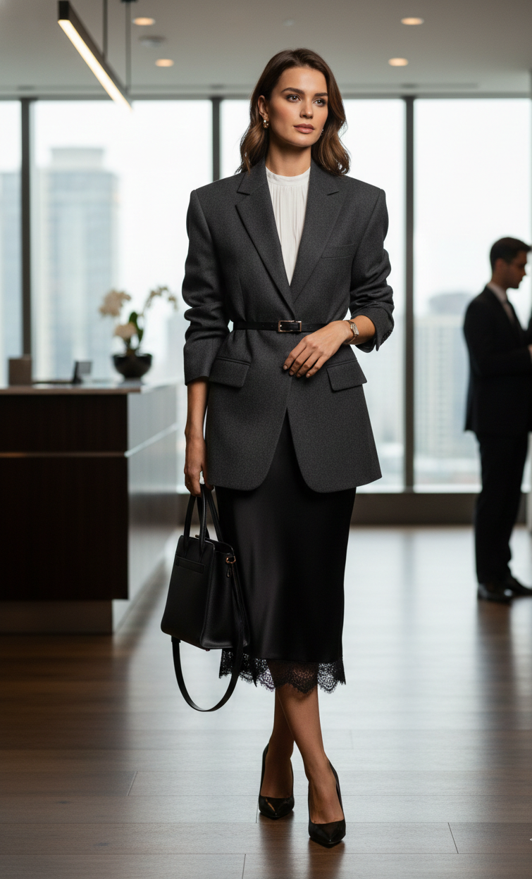 Woman in a professional setting wearing a dark suit with a white shirt and black shoes.