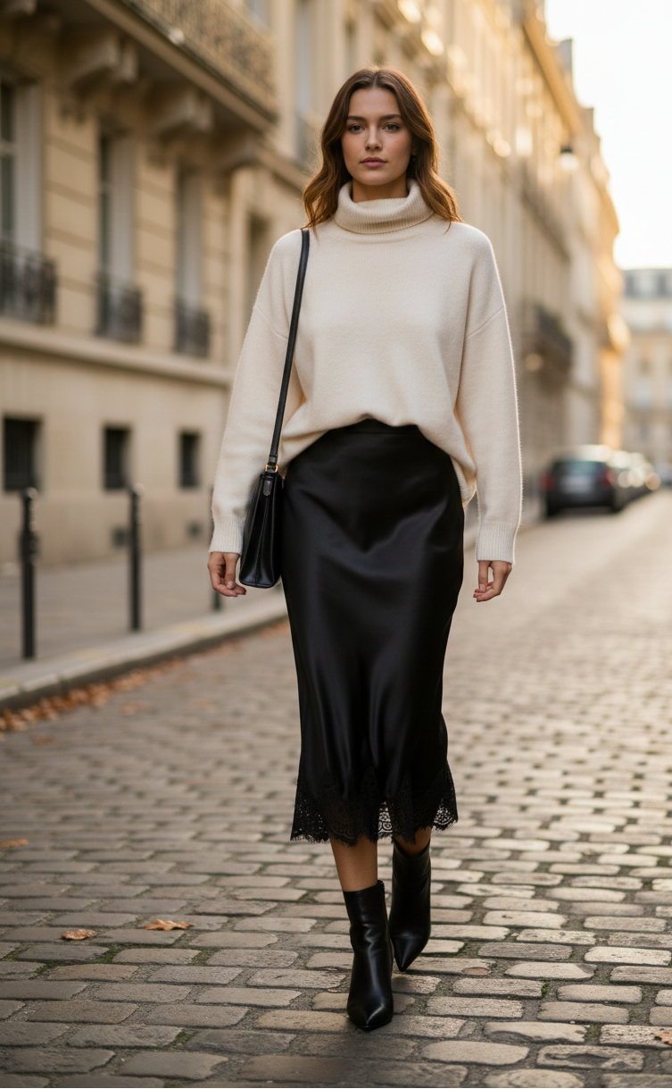 Woman walking on a street wearing a white turtleneck sweater, black skirt, and black boots.