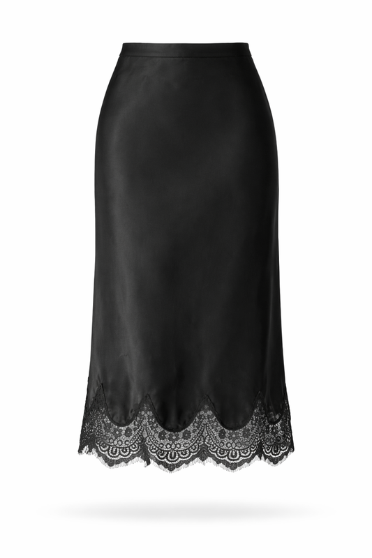 Juodas satino sijonas su neriniais, midi