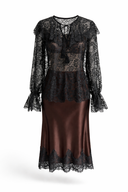 Black lace top and brown satin skirt on a white background