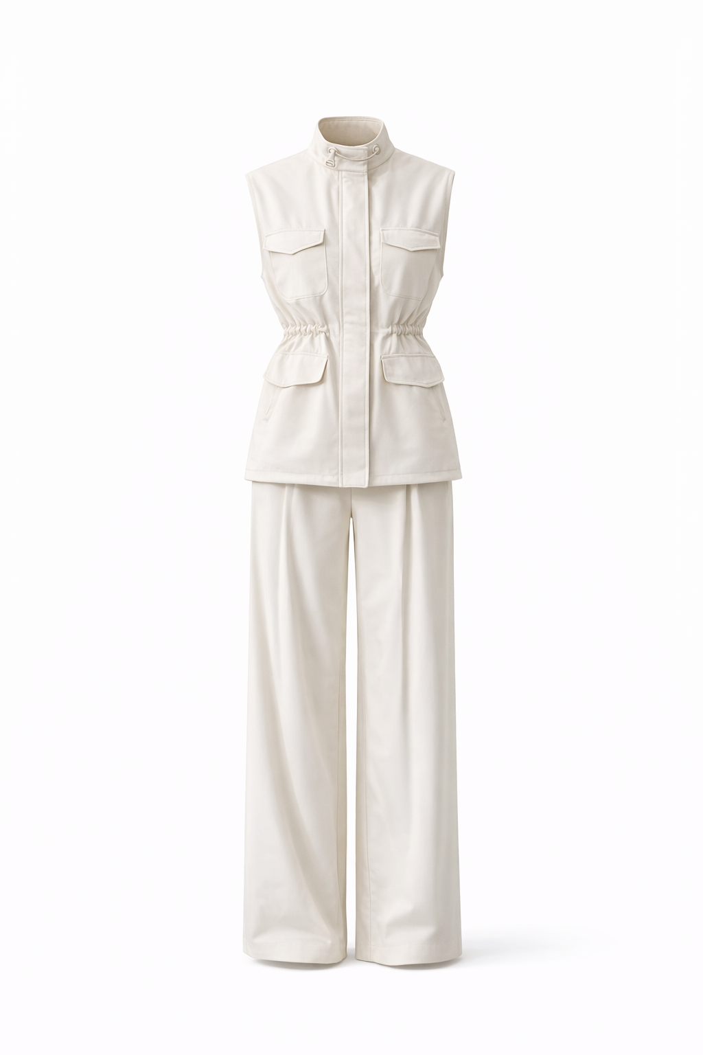 White sleeveless top and wide-leg pants set on a white background