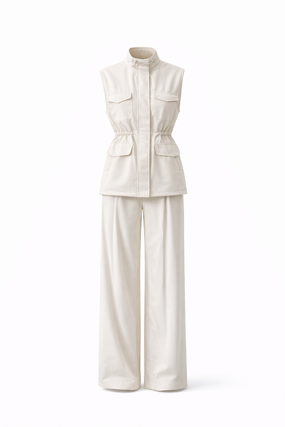 White sleeveless top and wide-leg pants set on a white background