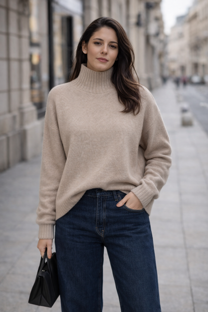 Camel megztinis ir tamsus džinsai