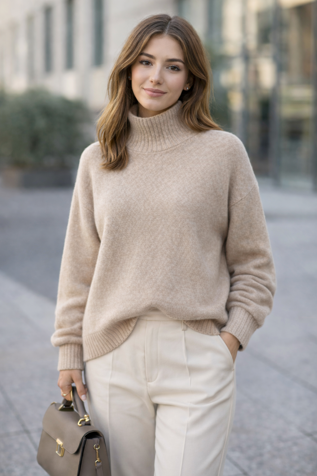 MErgina su camel megztiniu ir sviesiom kelnem mieste