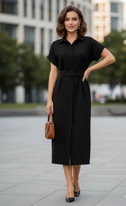 Woman wearing a black dress with a belt, holding a brown handbag, standing on a city street.