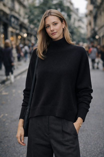 MErgina su vilnos megztiniu ir kelnėmis mieste