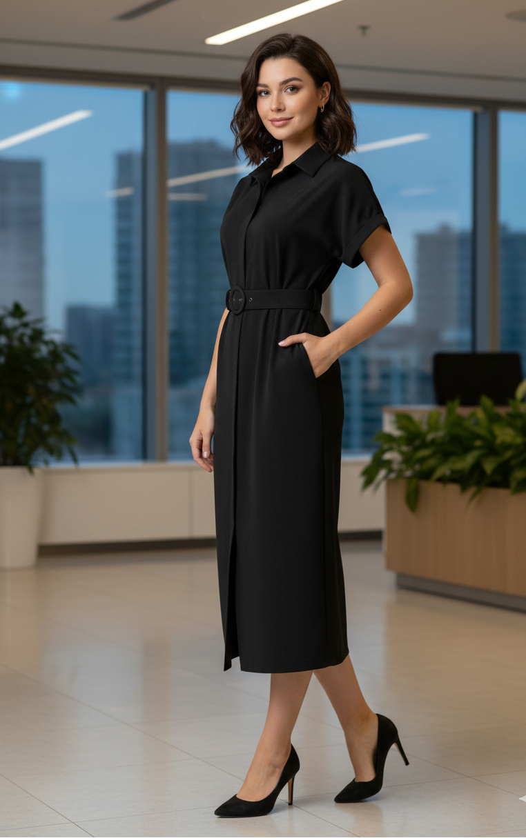 Woman in a black dress standing in an office with large windows