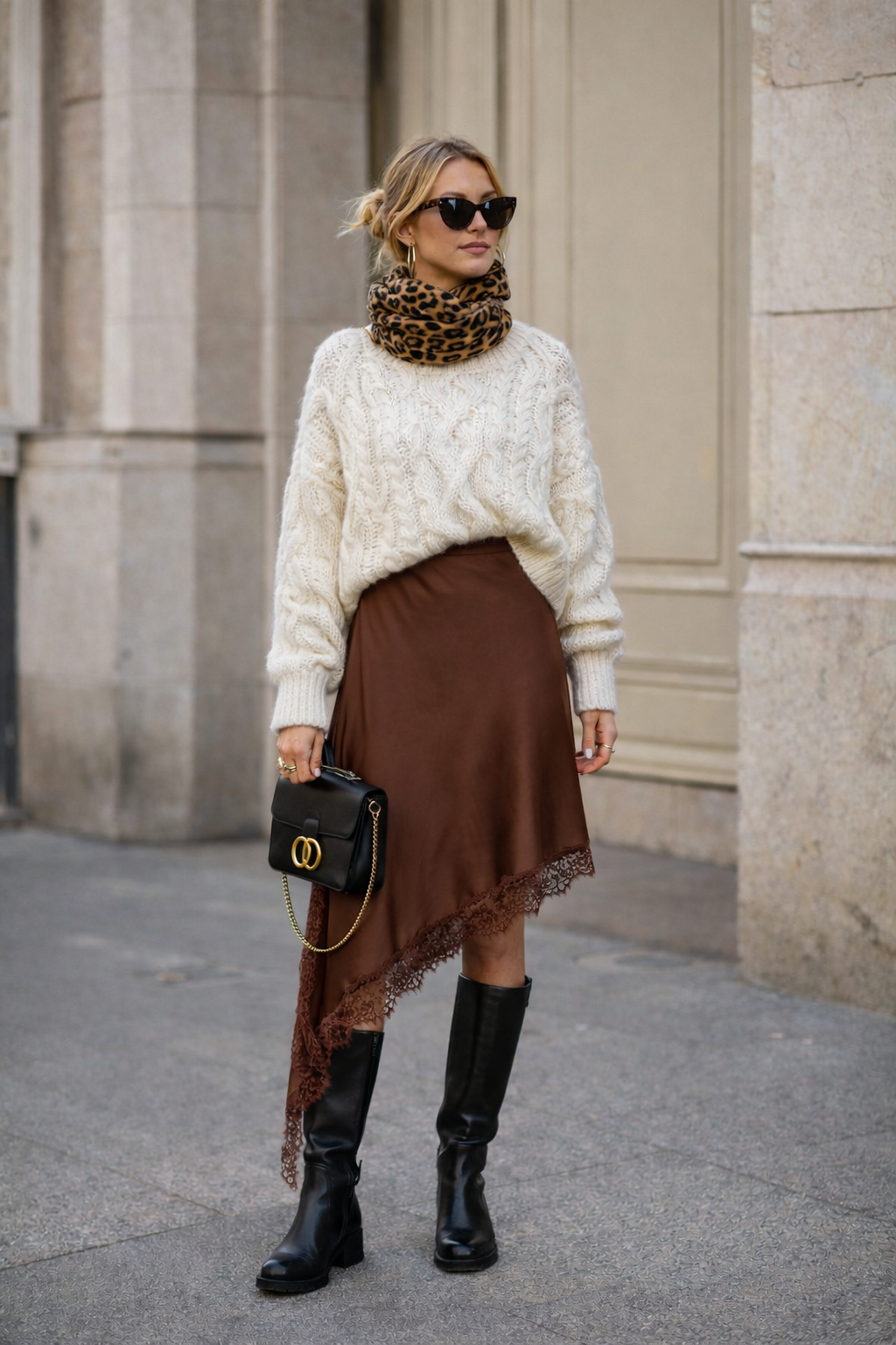 Mergina su rudu asimetriniu satino sijonu miesta su ilgaauliais