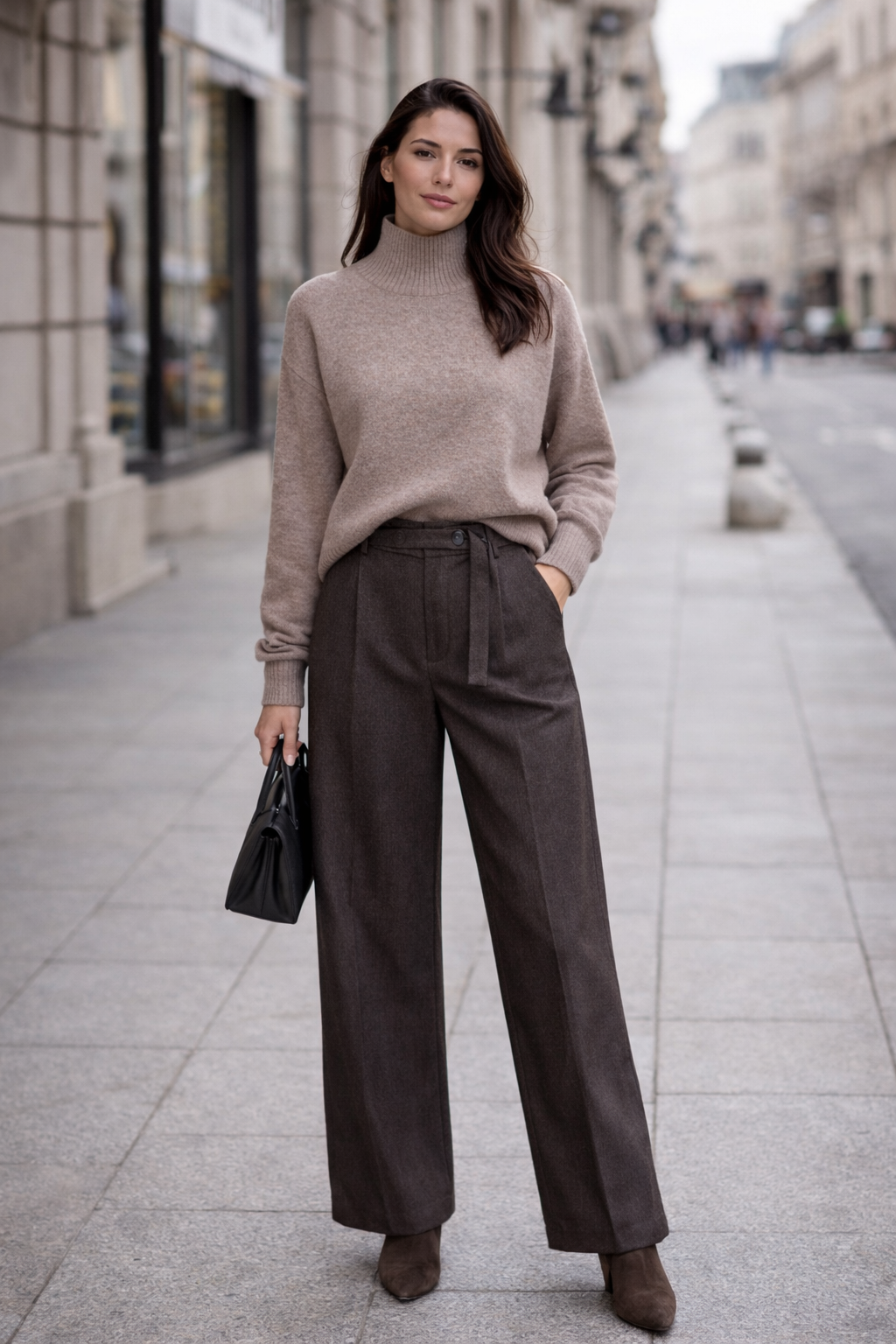 MErgina su rudom kelnem ir vilnos megztiniu mieste visu ugiu