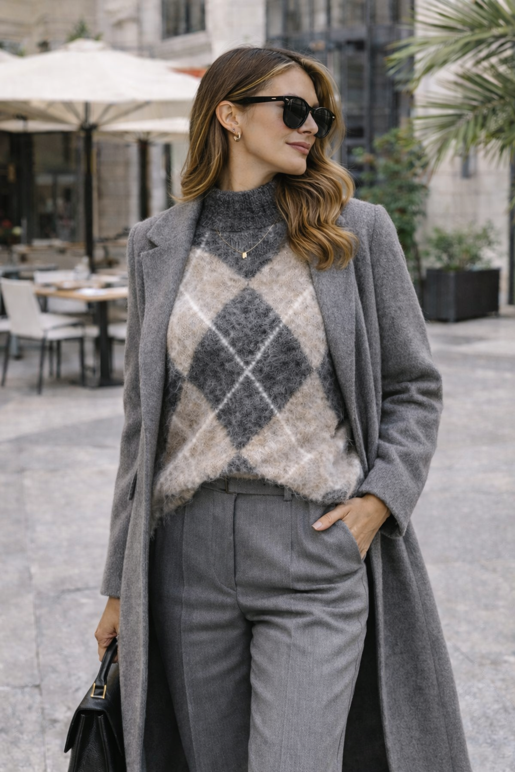 MErgina su rombu megztiniu ir paltu mieste