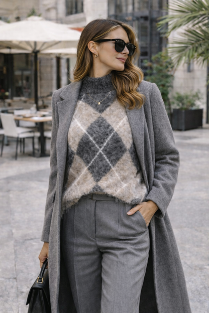 MErgina su rombu megztiniu ir paltu mieste