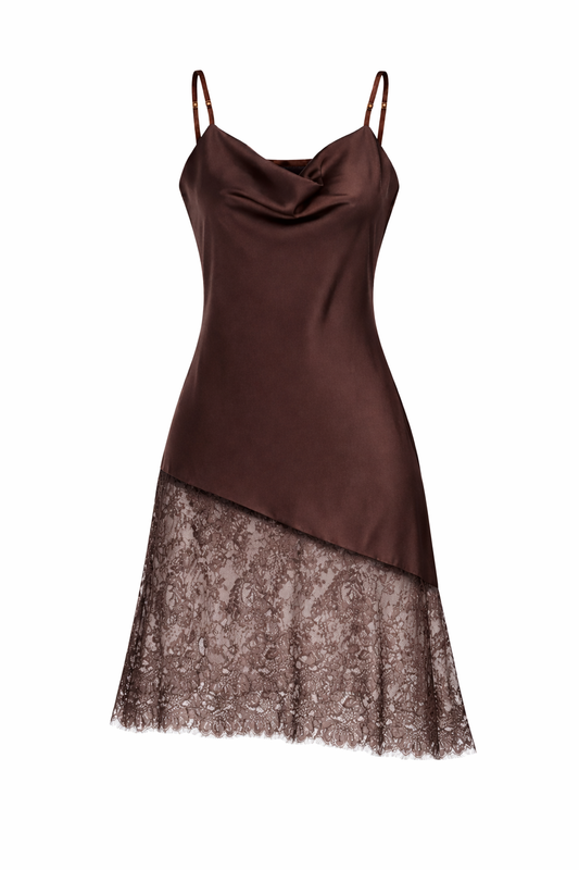 Brown dress with lace hem on a white background