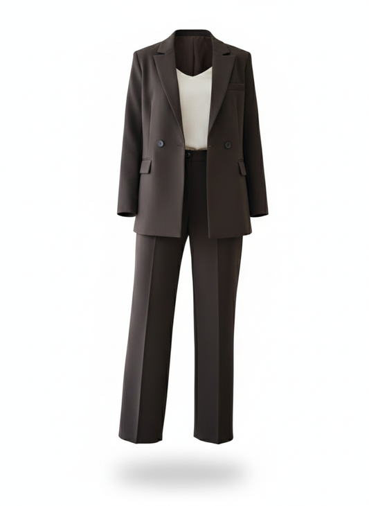 Rudos spalvos kelniu kostiumas