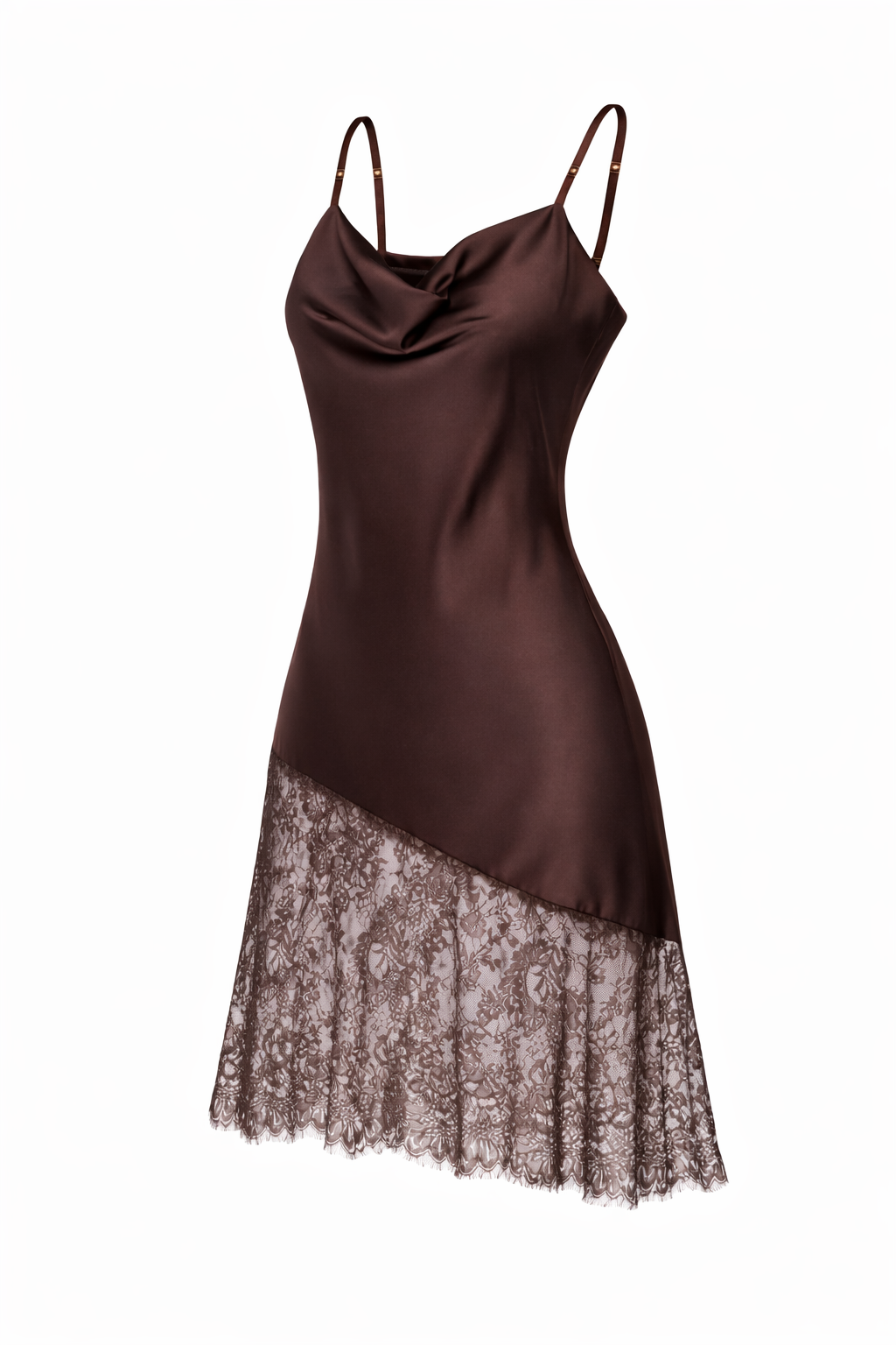 Brown satin dress with lace hem on a white background