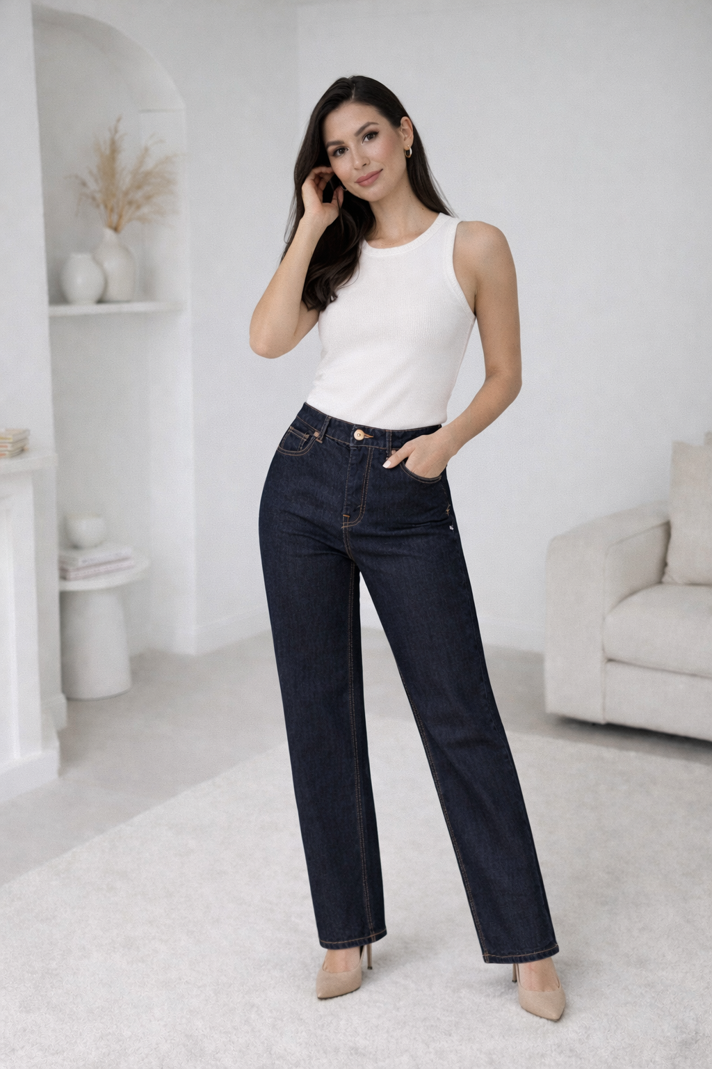 Tamsiai melyni ilgi dzinsai aukstoms