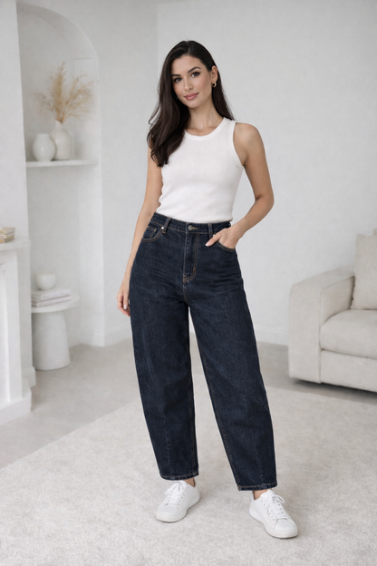 Tamsiai melyni mom fit dzinsai su kedais