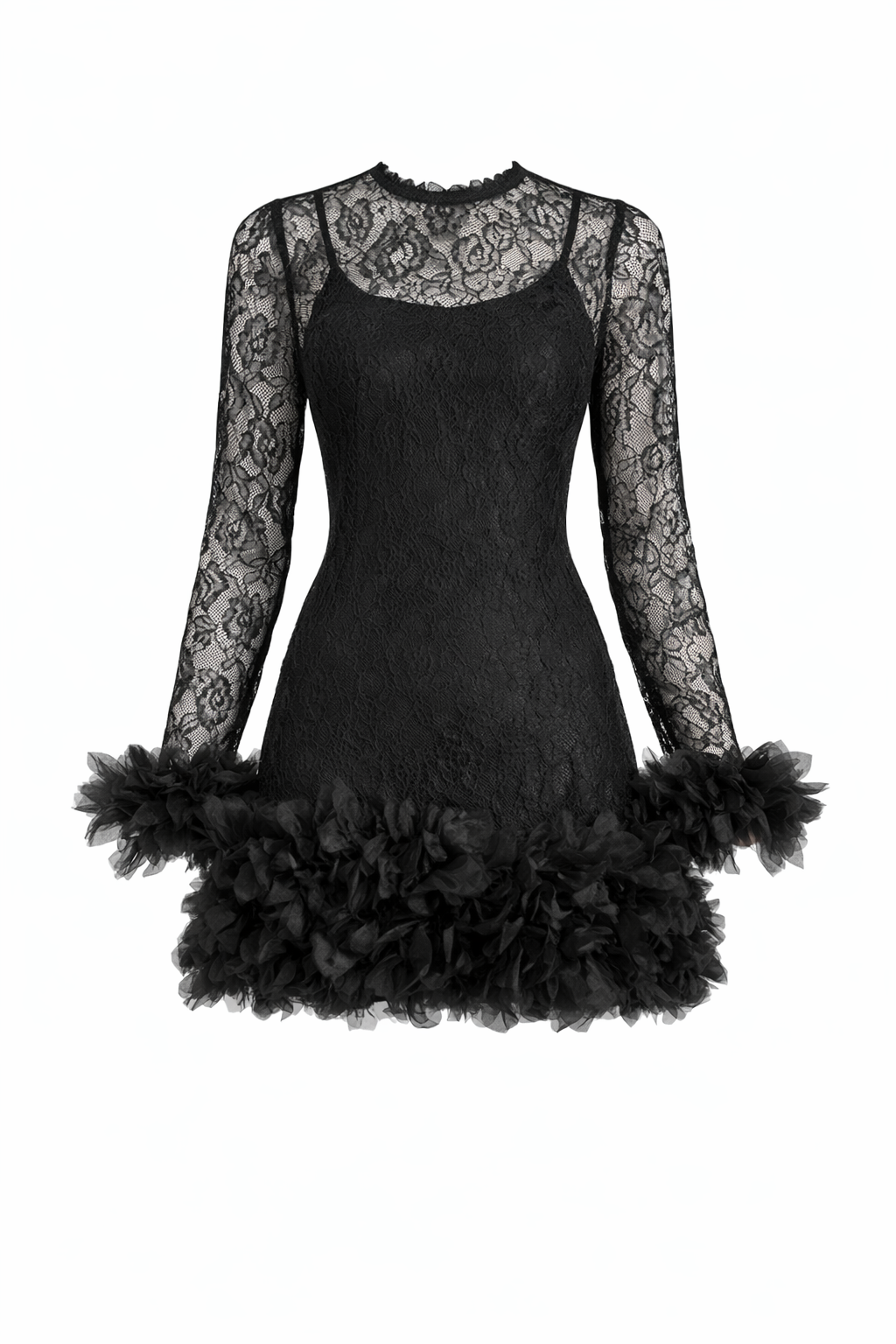 Black lace dress with feathered hem on a white background