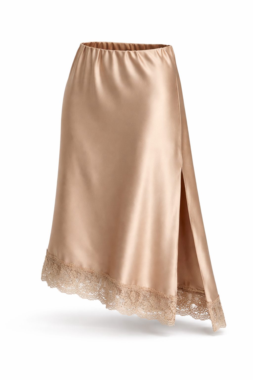 Beige satin skirt with lace trim on a white background