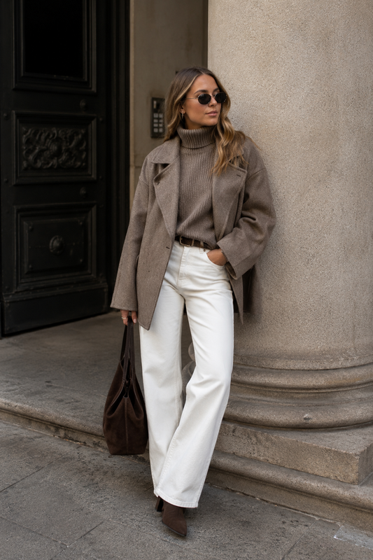 A woman stands outdoors against a stone column wearing a taupe oversized coat over a taupe turtleneck sweater, white wide-leg trousers, and brown ankle boots, while carrying a dark brown tote bag.