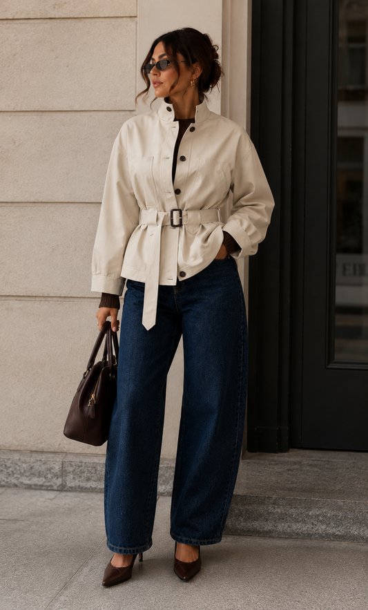 A woman stands outdoors wearing a cream belted jacket, dark wide-leg jeans, brown pointed shoes, and holding a dark brown handbag.