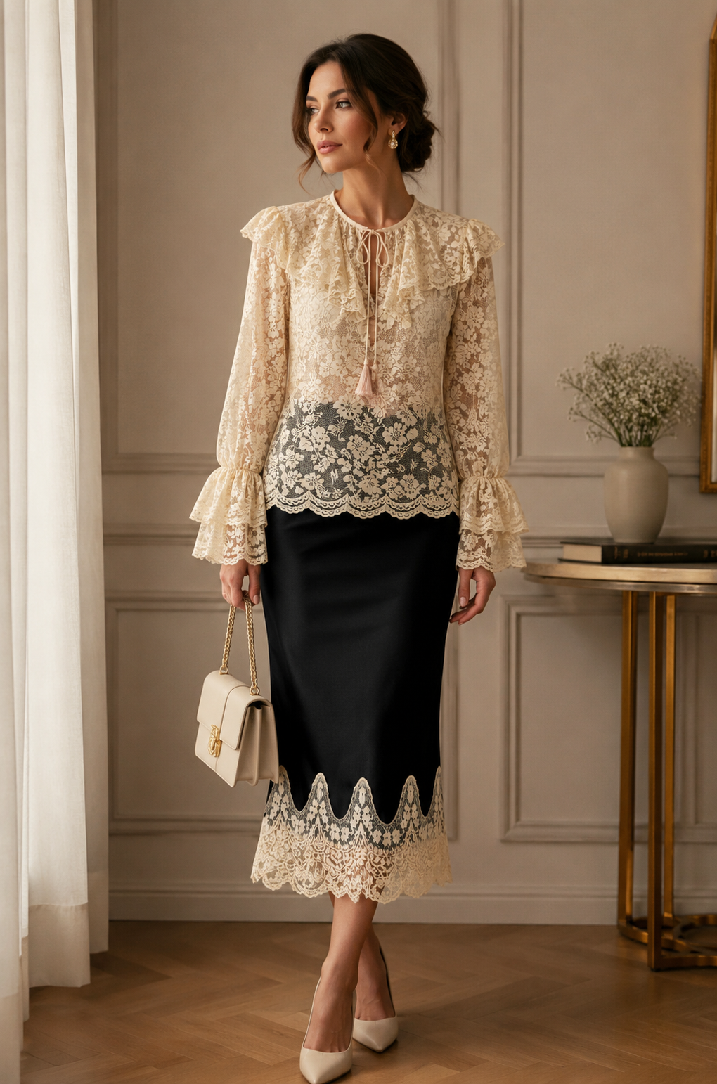 Woman wearing a lace blouse and black skirt in an elegant room.