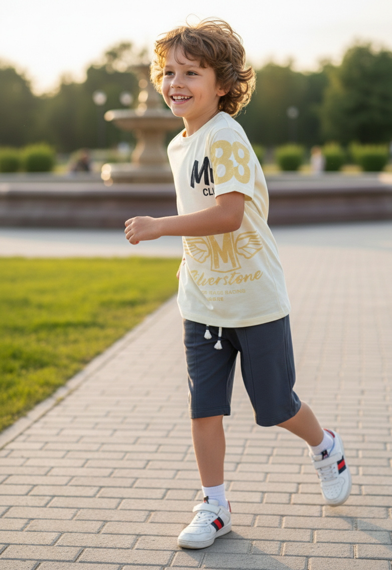 Child wearing a white t-shirt with yellow text and navy shorts standing on a paved path with greenery in the background.