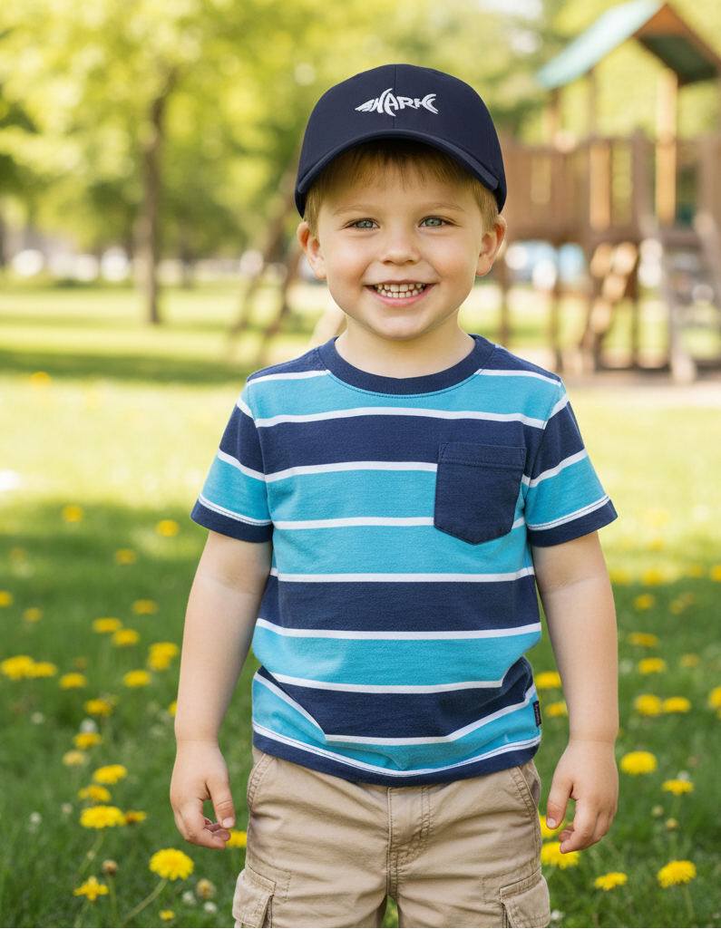 Young boy wearing a blue and navy striped shirt and cap in a park with dandelions.