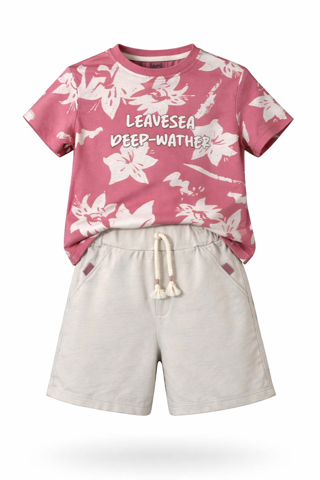 Pink floral t-shirt with text and beige shorts on a white background