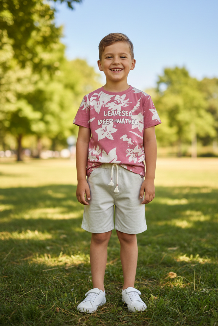Child wearing a pink floral shirt and white shorts standing in a park.