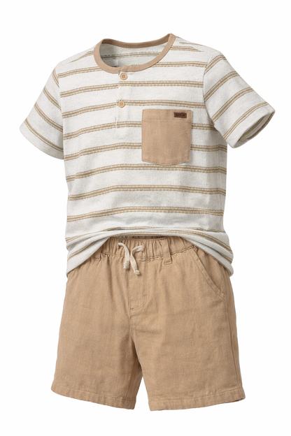 Striped shirt and beige shorts set on a white background