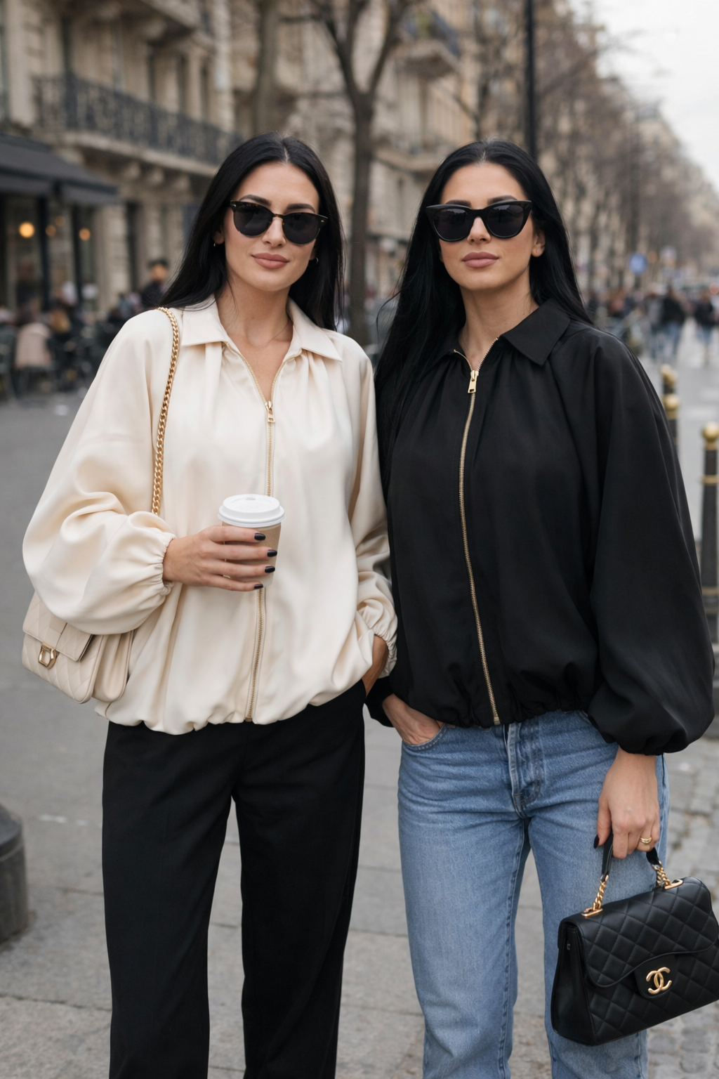 Two women standing on a street, one holding a coffee cup and the other with a handbag.