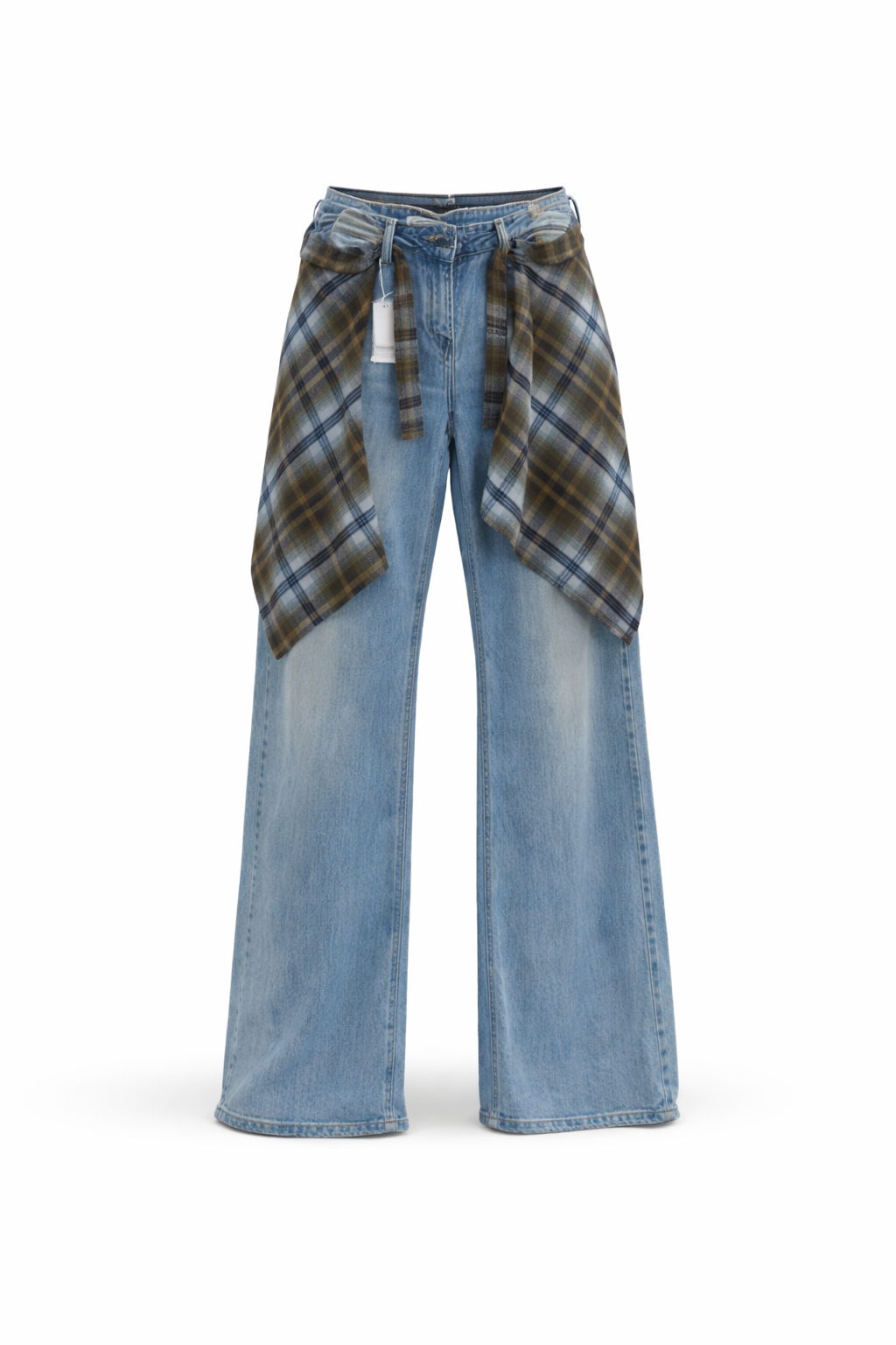 Blue jeans with plaid patchwork on a white background